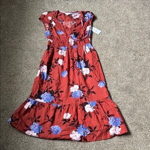 Floral Red Dress with Blue and Pink Accents